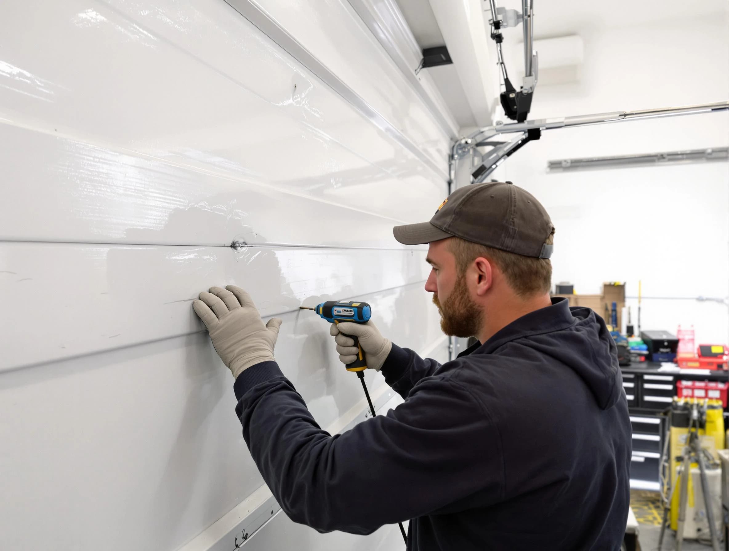 Ashland Garage Door Repair technician demonstrating precision dent removal techniques on a Ashland garage door